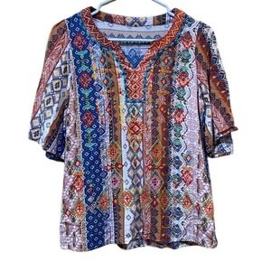 Multicolor‎ Bohemian Print Women's Top Size Small Rayon Embroidered Aztec Print